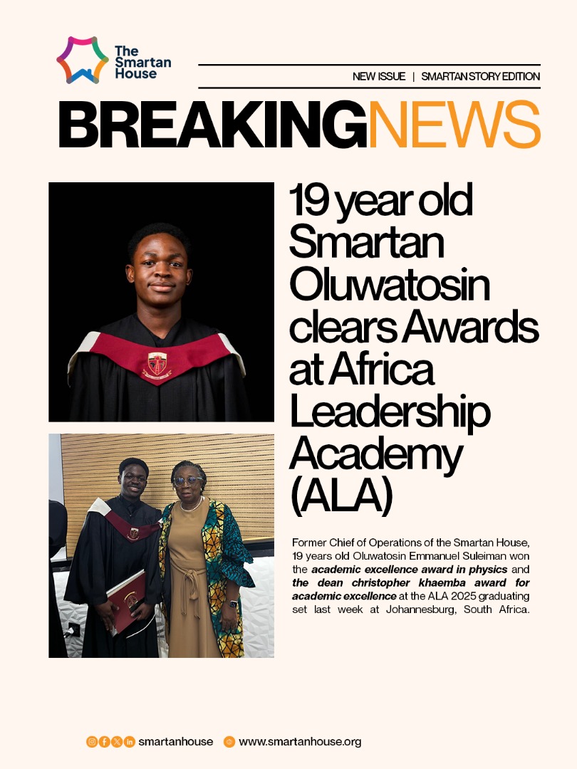 EliteSmartans's tweet image. BREAKING NEWS: 19-Year-Old Smartan Oluwatosin Shines at Africa Leadership Academy, Bags Top Awards

Johannesburg, South Africa – June 2025

In a remarkable show of brilliance and grit, 19-year-old Oluwatosin Emmanuel Suleiman, a former Chief of Operations at the Smartan