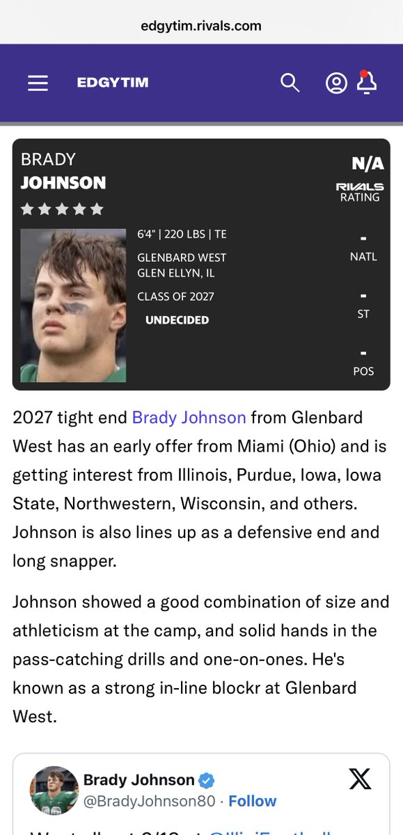 Brady Johnson (@bradyjohnson80) on Twitter photo Thank you to <a href="/IllinoisRivals/">Orange and Blue News</a> for the recognition and write up as a top performer at <a href="/IlliniFootball/">Illinois Football</a> camp! Focusing now on getting after it with my <a href="/HitterFootball/">Hitter Football</a> team!
edgytim.rivals.com/news/rising-il…
<a href="/HitterFootball/">Hitter Football</a> <a href="/EDGYTIM/">Timothy “EDGYTIM” OHalloran</a> <a href="/CoachChris_Roll/">Coach Chris Roll</a> <a href="/PrepRedzoneIL/">Prep Redzone Illinois</a> <a href="/sixstarfootball/">Six Star Football | PLUS+</a> Thank you to <a href="/IllinoisRivals/">Orange and Blue News</a> for the recognition and write up as a top performer at <a href="/IlliniFootball/">Illinois Football</a> camp! Focusing now on getting after it with my <a href="/HitterFootball/">Hitter Football</a> team!
edgytim.rivals.com/news/rising-il…
<a href="/HitterFootball/">Hitter Football</a> <a href="/EDGYTIM/">Timothy “EDGYTIM” OHalloran</a> <a href="/CoachChris_Roll/">Coach Chris Roll</a> <a href="/PrepRedzoneIL/">Prep Redzone Illinois</a> <a href="/sixstarfootball/">Six Star Football | PLUS+</a>