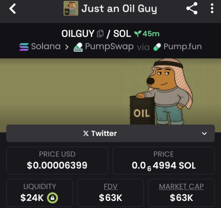 SOLAlphaSniffer's tweet image. Told my tg members to buy $OILGUY

At $63k Mcap 

Address;7WAFfQAEaB4Gpp4xRvbjHmS6mLPSdJjtTB3NTiLdpump

#OILGUY