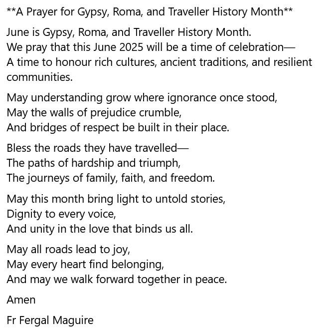 SanctuaryPlaces's tweet photo. Today's prayer for #GypsyRomaTravellerHistoryMonth comes from Father Fergal Maguire
#GRTHM #GRTHM25 https://t.co/kTZp7a6uwg