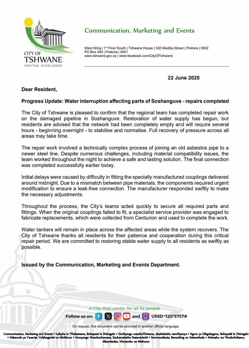 #WaterSupply progress update: Soshanguve

Repairs completed. 💧Restoration of water supply has begun.