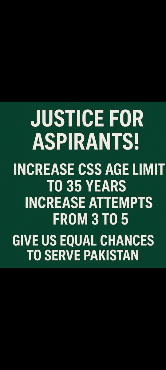 Aqsa134849's tweet photo. "Empowering the youth! Increase CSS age limit to 35, giving Pakistan's talented &amp; ambitious individuals a fair chance! #AhsanIqbal_for_CSS_35_5 #PMShehbaz_for_CSS_35_5 @betterpakistan @CMShehbaz" https://t.co/HVAqMKcaVm