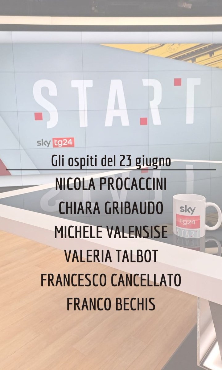 Giovanna Pancheri (@giopank) on Twitter photo Vi aspetto domani con una nuova puntata di #Start. Insieme a me ci saranno <a href="/NProcaccini/">Nicola Procaccini</a>, <a href="/chiaragribaudo/">Chiara Gribaudo</a>, Michele Valensise <a href="/IAIonline/">Istituto Affari Internazionali - IAI</a>, <a href="/TalbotValeria/">Valeria Talbot</a>, <a href="/fcancellato/">Francesco Cancellato</a> e <a href="/FrancoBechis/">Franco Bechis</a>.
Come sempre in onda dalle 9:30 su <a href="/SkyTG24/">Sky tg24</a>! Vi aspetto domani con una nuova puntata di #Start. Insieme a me ci saranno <a href="/NProcaccini/">Nicola Procaccini</a>, <a href="/chiaragribaudo/">Chiara Gribaudo</a>, Michele Valensise <a href="/IAIonline/">Istituto Affari Internazionali - IAI</a>, <a href="/TalbotValeria/">Valeria Talbot</a>, <a href="/fcancellato/">Francesco Cancellato</a> e <a href="/FrancoBechis/">Franco Bechis</a>.
Come sempre in onda dalle 9:30 su <a href="/SkyTG24/">Sky tg24</a>!