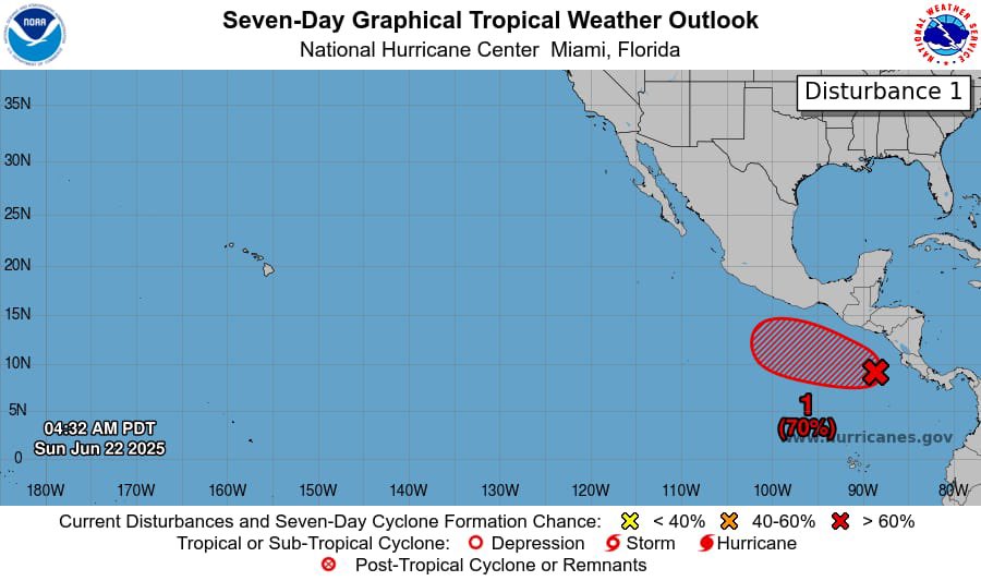#COPECOINFORMA:

🌀TEMPORADA CICLONICA EN EL PACIFICO 2025🌀

Se mantiene la vigilancia sobre una zona ubicada frente a la costa Pacífica Centroamérica en la que podría desarrollarse un sistema de baja presión con probabilidad de desarrollo ciclonico.
Probabilidad de formación: