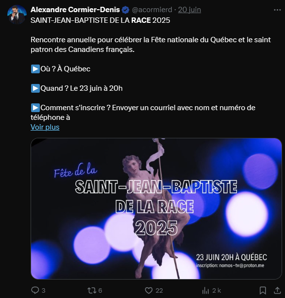"Saint-Jean-Baptiste de la race 2025"

Les fachos qui veulent célébrer un Québec blanc catho resteront par chance, un minorité. Ces racistes ne représentent pas le Québec ouvert sur le monde.
