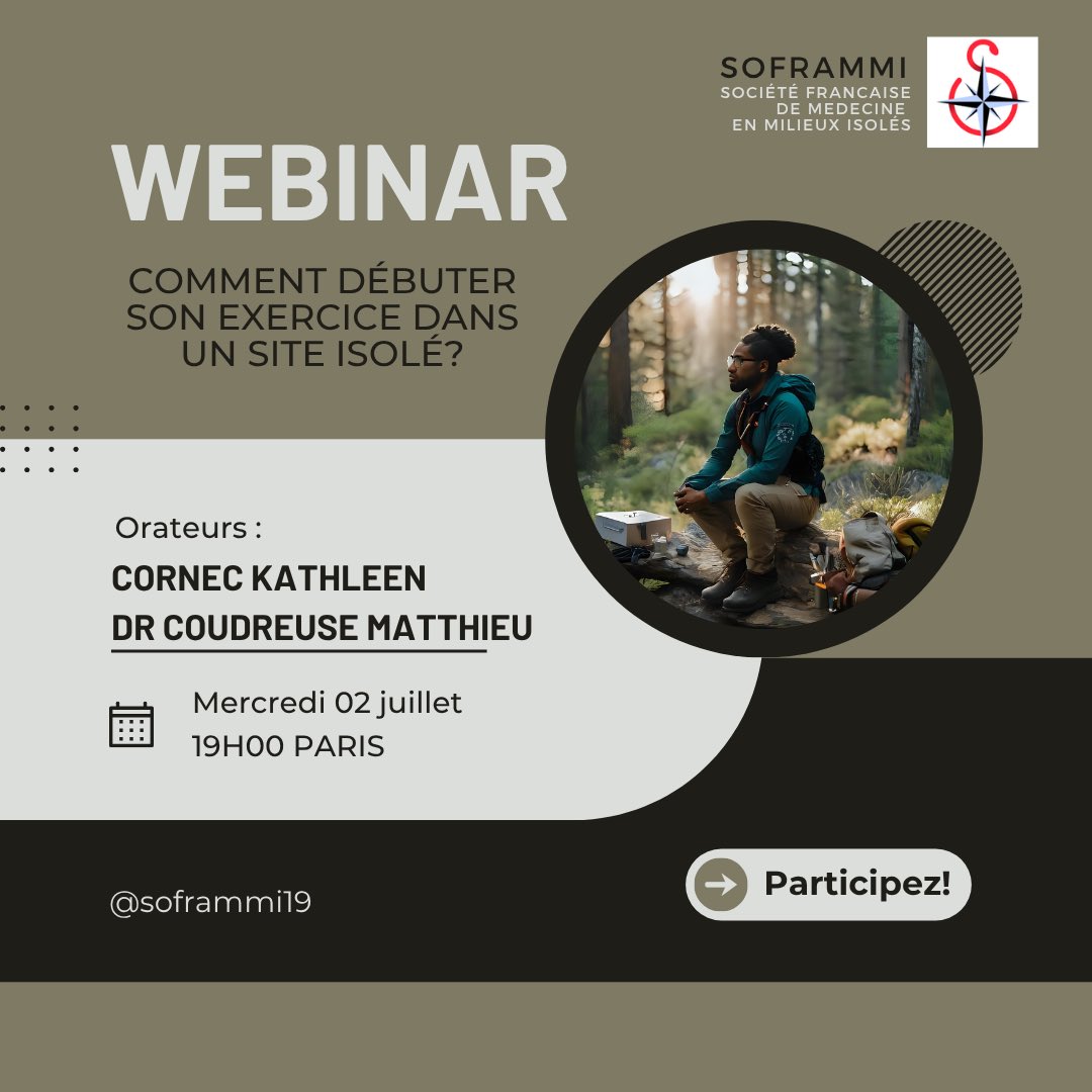 soframmi's tweet image. Vous souhaitez exercer en milieux isolés ?

Rejoignez notre webinaire dédié à celles et ceux qui envisagent de débuter une activité en contexte isolé.

🗓️ Mercredi 02 Juillet | 🕒 19h00 PARIS | 💻 En ligne

🔗 us06web.zoom.us/j/89992772018?…
