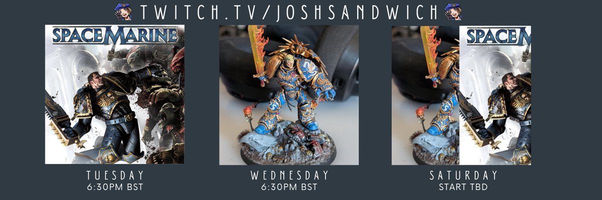 Schedule for the week ahead!

3 streams coming at you:
Tuesday - Continuing Space Marine 1
Wednesday - Crafting
Saturday - Crafting / Gaming

Have a lovely week! All start times in the image.