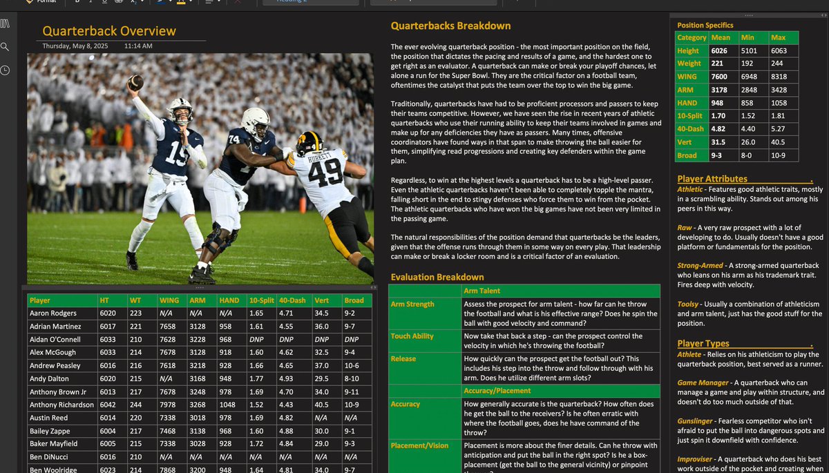 DraftVogel's tweet image. How would you like to have a scouting department in your pocket for $75 this year?
That’s what you’re getting with my draft guide - comprehensive breakdowns of the entire game of football from every angle possible.
🧵 Here’s every feature that the guide encompasses: