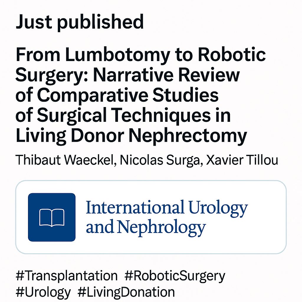 🆕 Just published!
A narrative review on surgical techniques for living donor nephrectomy — from lumbotomy to robotic surgery 🤖
In Int. Urol. Nephrol.
👉 link.springer.com/article/10.100…
#Transplantation #RoboticSurgery #Urology #LivingDonation