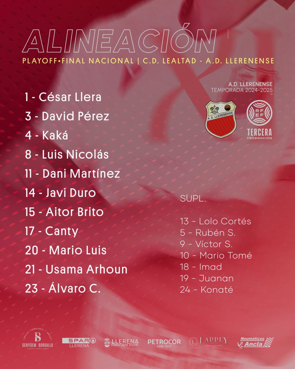ALINEACIÓN | <a href="/adllerenenseof/">A.D. LLERENENSE</a>

#LealtadLlerenense | #Ascenso2ªRFEF
