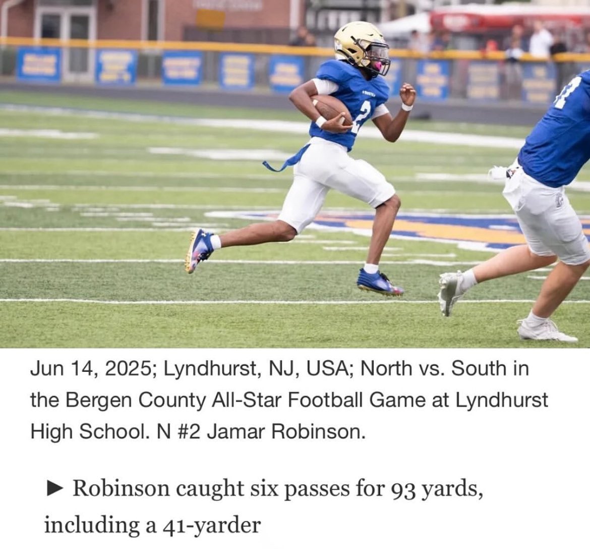 Fatzzp1's tweet photo. 6 receptions for 93 yards in This most recent bergan county all-star game 15.5 yards per reception with 2 tackles and 1 PBU @DVUfootball https://t.co/tvdmilLXB5