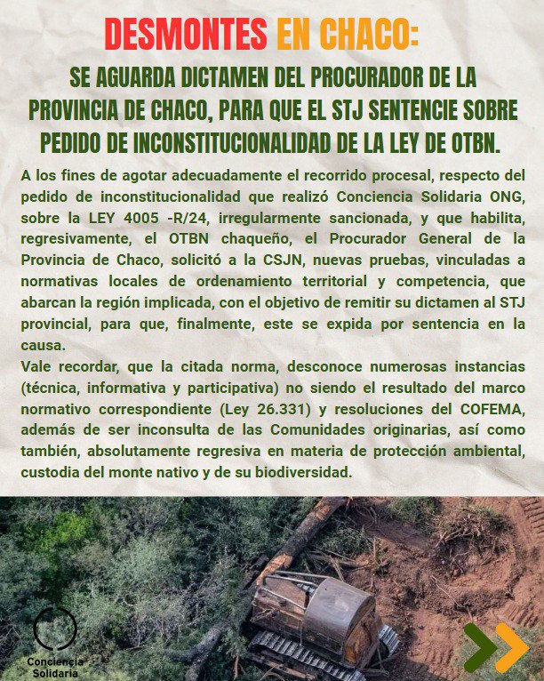 🌱🪵 DESMONTES EN CHACO

SE AGUARDA DICTAMEN DEL PROCURADOR DE LA PROVINCIA DE CHACO, PARA QUE EL STJ SENTENCIE SOBRE PEDIDO DE INCONSTITUCIONALIDAD DE LA LEY DE OTBN.

#ConcienciaSolidariaONG 
<a href="/ConSol_ONG/">Conciencia Solidaria ONG</a>

#Chaco #Judicial #Justicia #JusticiaChaqueña #Desmonte #DesmontesEnChaco