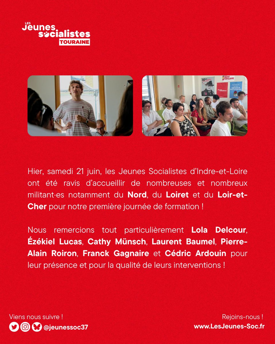 Hier, samedi 21 juin, les Jeunes Socialistes d’Indre-et-Loire ont été ravis d’accueillir de nombreuses et nombreux militant·es notamment du Nord, du Loiret et du Loir-et-Cher pour notre première journée de formation 🌹!