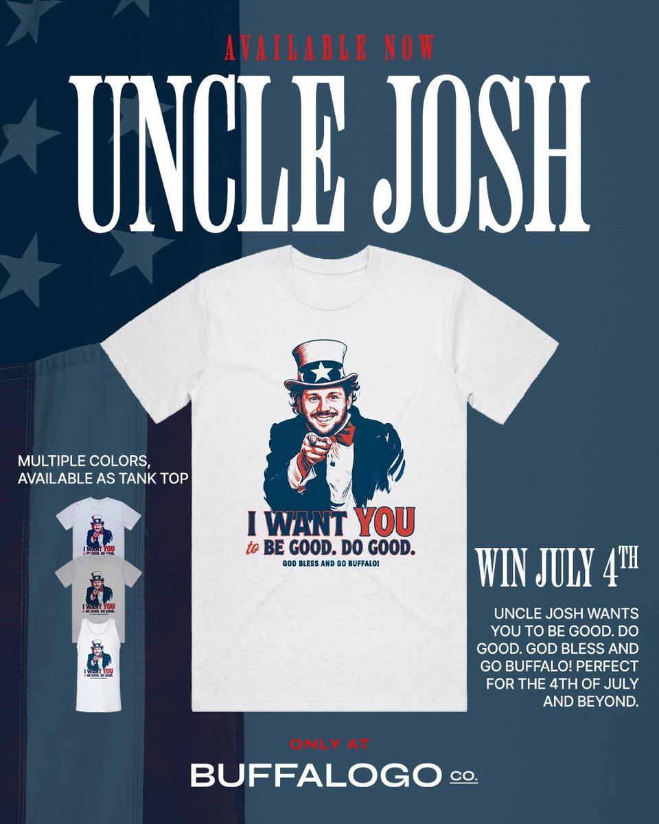 buffalogoco's tweet image. UNCLE JOSH wants YOU to Be Good. Do Good. 

The best 4th of July shirt... ever? Order soon and get it in time for the holiday! Youth sizes also available.

buffalogo.co/shop/buffalogo…