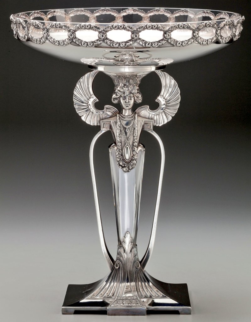 Egyptian revival Art Devo silver plated and glass centerpiece from 1925 by WMF, Vienna.