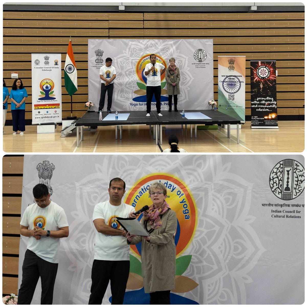 IndiaInScotland's tweet photo. 🧘‍♀️ Consulate General of India, organised the 11th International Day of Yoga in Edinburgh, in association with @SIAFScotland,@heartfulness, @ishafoundation & @Ed_Leisure at the Meadowbank Sports Centre! 
The event brought together enthusiastic community members to celebrate the unifying power of yoga and promoting physical well-being and inner peace. We thank Bailie Ms. Flannery from the @Edinburgh_CC for her presence. 
Thank you to all the partners, participants and volunteers for sharing the spirit of Yoga for One Earth One Health. 

#IDY2025 #IndiaInScotland #YogaForAll #InternationalYogaDay2025 #IndiaScotland #CGIEdinburgh #YogaforOneEarthOneHealth 
@moayush @indiandiplomacy @iccr_hq @MEAIndia @diaspora_india