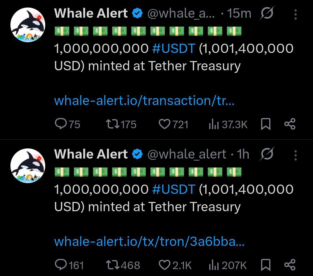 BREAKING NEWS 🔥 🔥 

 2,000,000,000 USDT minted at Tether Treasury in an hour.

Whales are buying the dip aggressively.