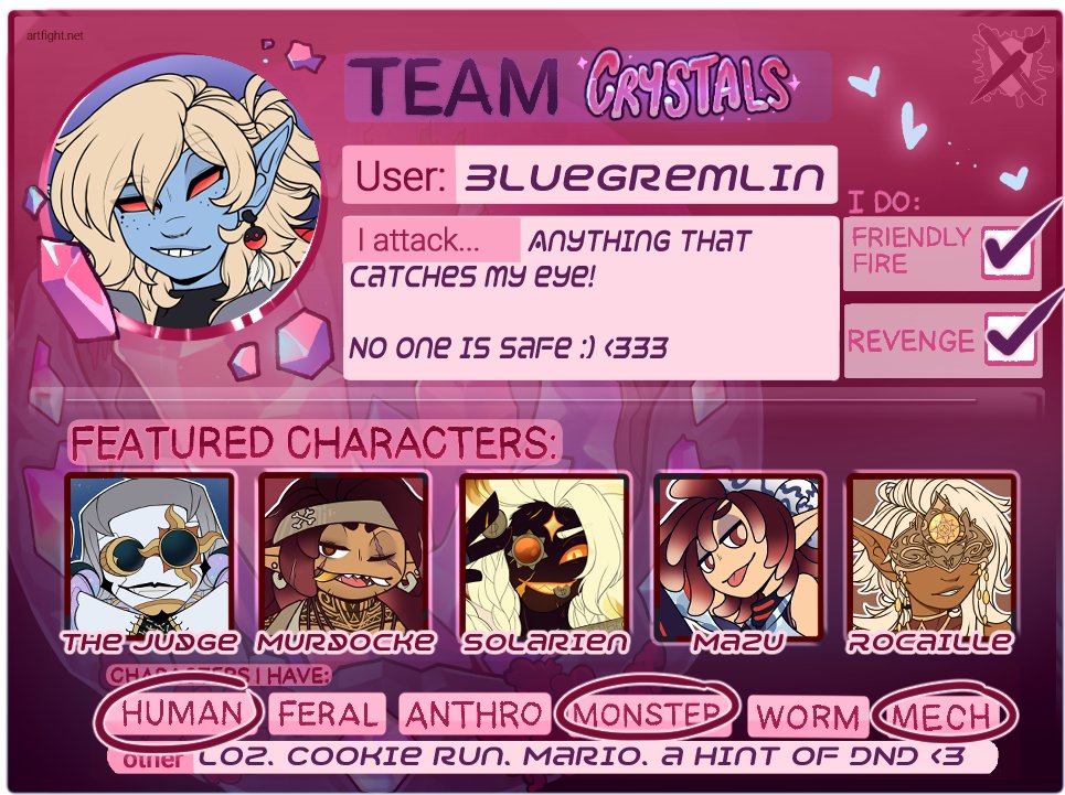 BlueGremlin's tweet photo. ARTFIGHT TIMEEEEE

what team are you joining? I'm crystal this year!! https://t.co/SftfjTLR9r