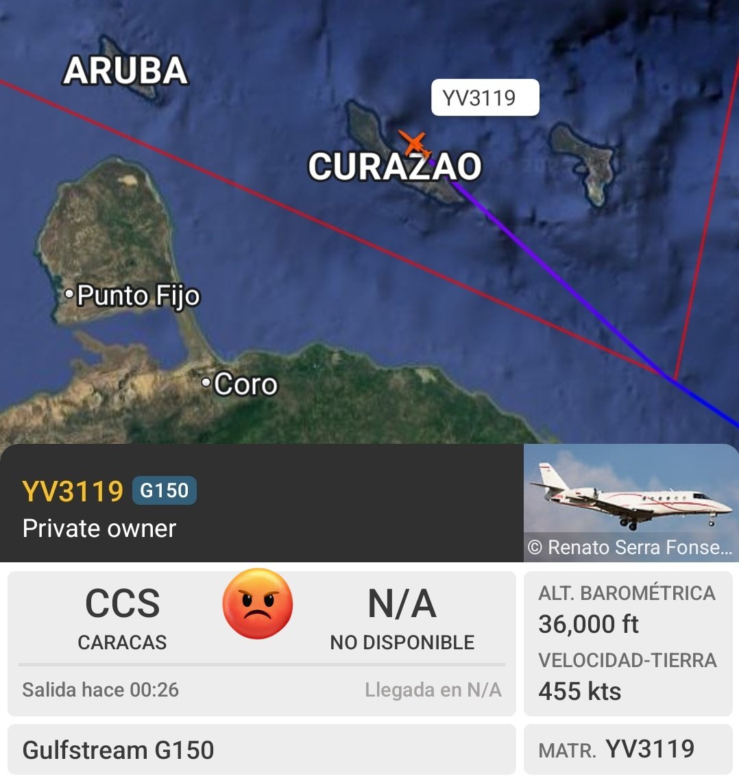 MeónAir YV3119 en aparente ruta a La Habana, Cuba.