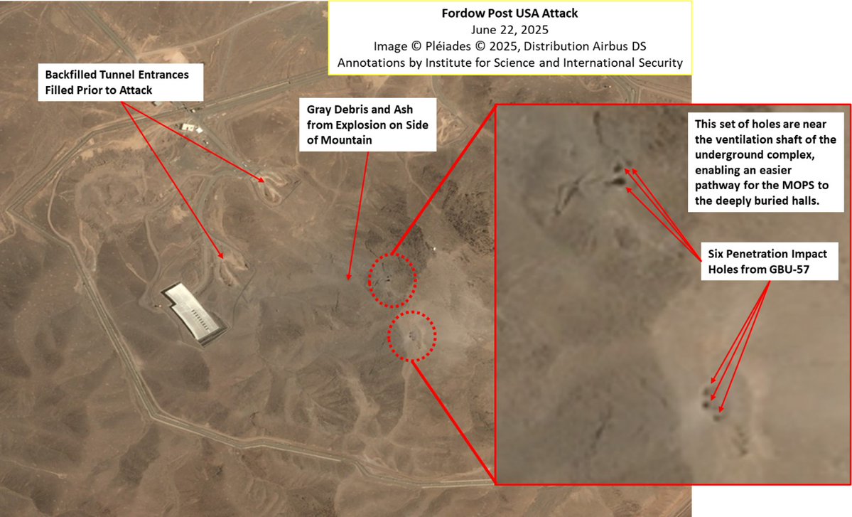 We have high-resolution satellite imagery of the Fordow Fuel Enrichment Plant (FFEP).  The imagery shows six penetration holes from GBU-57's.  This set of holes are near the ventilation shaft of the underground complex, enabling an easier pathway for the MOPS to the deeply buried