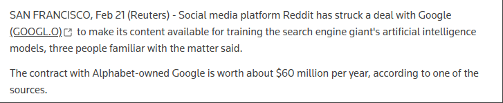 Goog_Enough's tweet photo. Google wants you to believe Reddit traffic skyrocketed because there’s just that much user demand. The truth is Reddit traffic went up ~200% after they inked a deal with Google. Google is clearly boosting Reddit’s visibility artificially, so the results should be labeled as ADS! https://t.co/vFfSWoLGBw