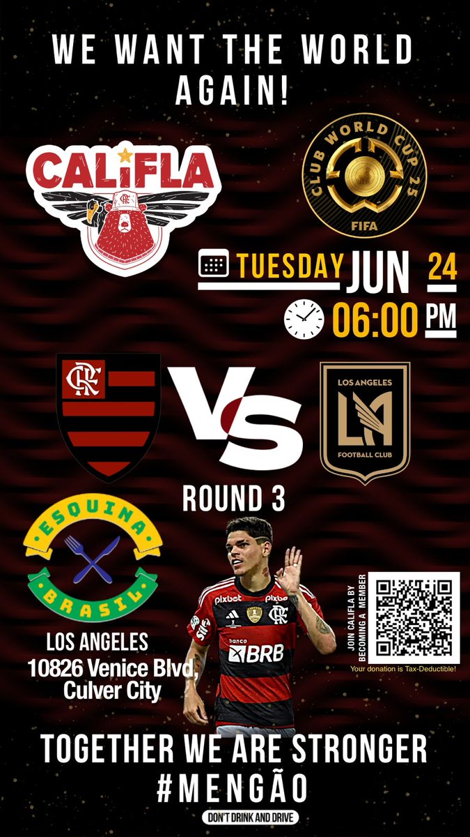 Cali_Fla's tweet photo. Atenção Nação de Los Angeles! Partiu @esquina_brasil_la! Despedida da fase de grupos e rumo as oitavas! No Mata mata vai ser tudo nosso! #VamosFlamengo 🚩🏴🥁🍺🍾

 #VemTorcerComACalifla #IssoAquiÉFlamengo #IssoAquiÉCalifla #CaliFla #PartiuNovo #JogaremosJuntos #AteoFinal https://t.co/HbskWB651K