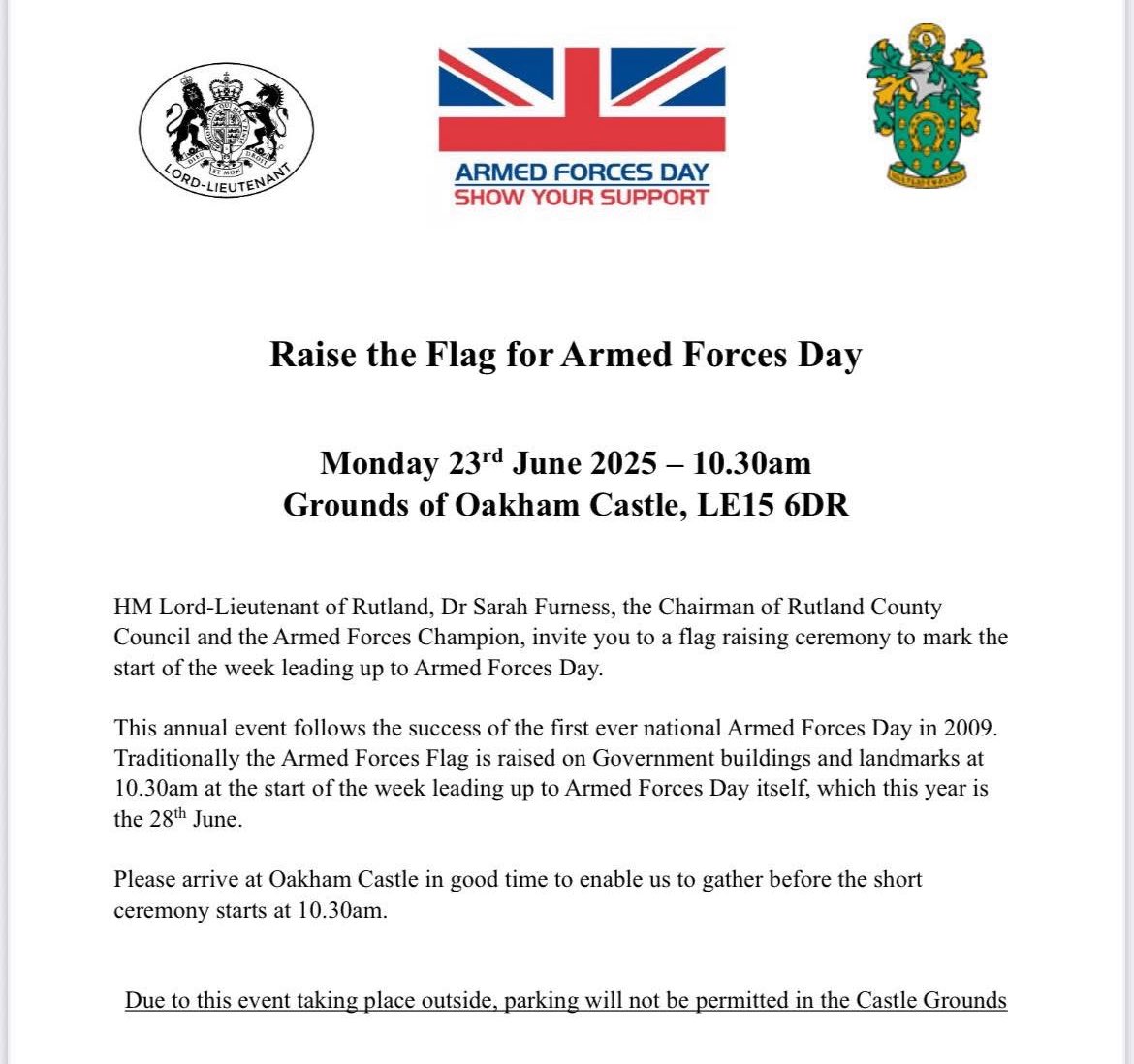 Rutland AFVBC (@oafvbc) on Twitter photo Tomorrow marks the start of Armed Forces week with a flag raising ceremony at Oakham castle. Please see below for details <a href="/RafaRutland/">RAFA Rutland</a> <a href="/RBLOakham/">Royal British Legion Oakham</a> <a href="/RutStamSound/">Rutland & Stamford Sound</a> Tomorrow marks the start of Armed Forces week with a flag raising ceremony at Oakham castle. Please see below for details <a href="/RafaRutland/">RAFA Rutland</a> <a href="/RBLOakham/">Royal British Legion Oakham</a> <a href="/RutStamSound/">Rutland & Stamford Sound</a>