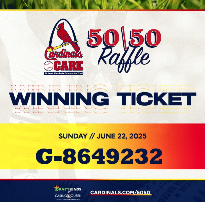 CardinalsCare's tweet image. Congratulations to the June 9-22, 2025 Cardinals Care 50/50 Raffle Winner! If you have the winning ticket, visit cardinals.com/5050 for information on how to claim your prize.