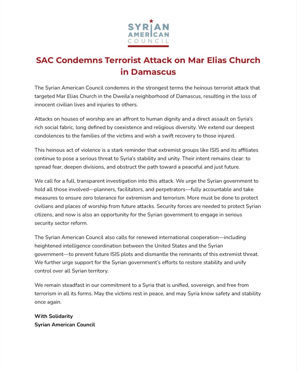 The Syrian American Council condemns in the strongest terms the heinous terrorist attack that targeted Mar Elias Church in the Dweila’a neighborhood of Damascus, resulting in the loss of innocent civilian lives and injuries to others.

Read our full statement!