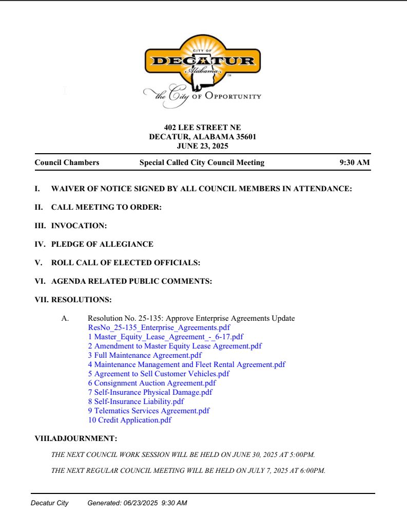 Decatur City Council Special Meeting: June 23, 2025, 9:30 a.m., Council Chambers, Decatur City Hall, 402 Lee St. #DecaturAL #CityCouncil