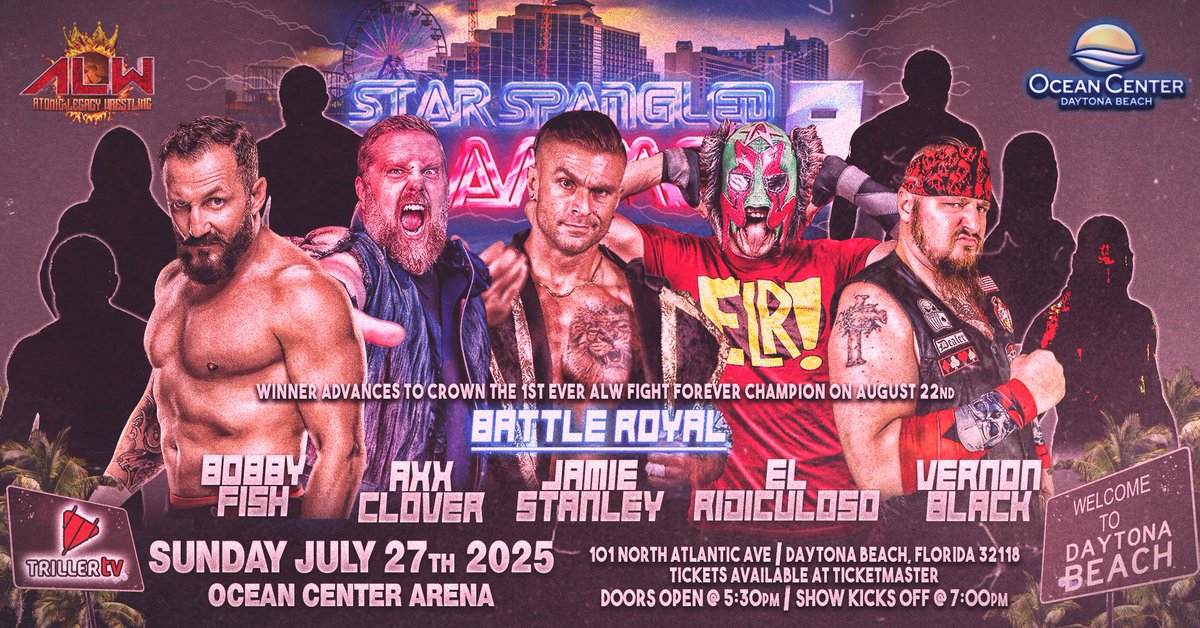 👊 💥 MATCH ANNOUNCEMENT 

ALW <a href="/WrestlingAtomic/">Atomic Legacy Wrestling</a> is excited to announce this HUGE Open Invitational BATTLE ROYAL where the winner advances to 8/22 to crown 1st ever ALW Fight Forever Champion!

📌 Ocean Center Arena - Daytona Beach Florida on 7/27

<a href="/theBobbyFish/">Bobby Fish</a> <a href="/thejamiestanley/">Jamie Stanley</a>