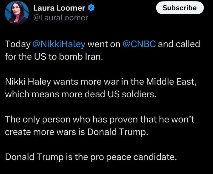 Laura used to be against bombing Iran

What changed? <a href="/LauraLoomer/">Laura Loomer</a>