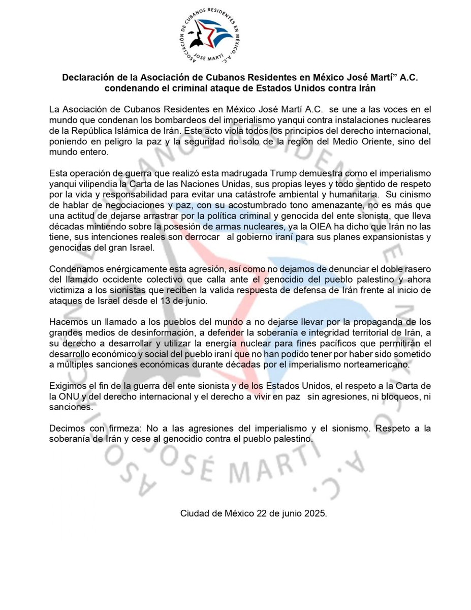 La Asociación de Cubanos🇨🇺 Residentes en #Mexico 🇲🇽 condena el criminal ataque de los #EEUU contra #Iran