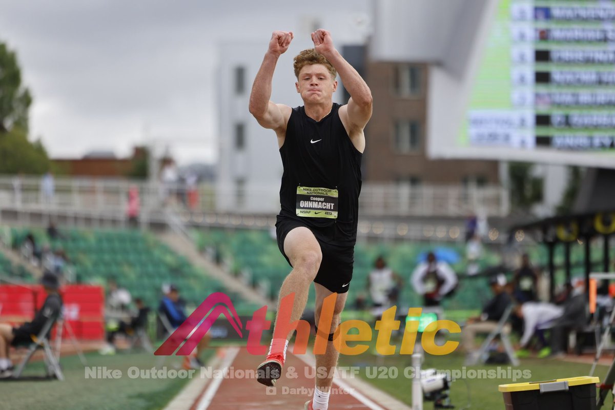 Great Bend's 2-time state champ in the 5A boys triple jump finished 14th Sunday at the #NikeOutdoorNationals in Eugene, OR.
His best leap was 14.35M (47'-1.0").
The winning jump was 52'-.75".
<a href="/coop_ao/">Cooper Ohnmacht</a> won KS 5A State with a 47'-1.75" in May. 
His PR is 48'-3".

📷 Darby Winter