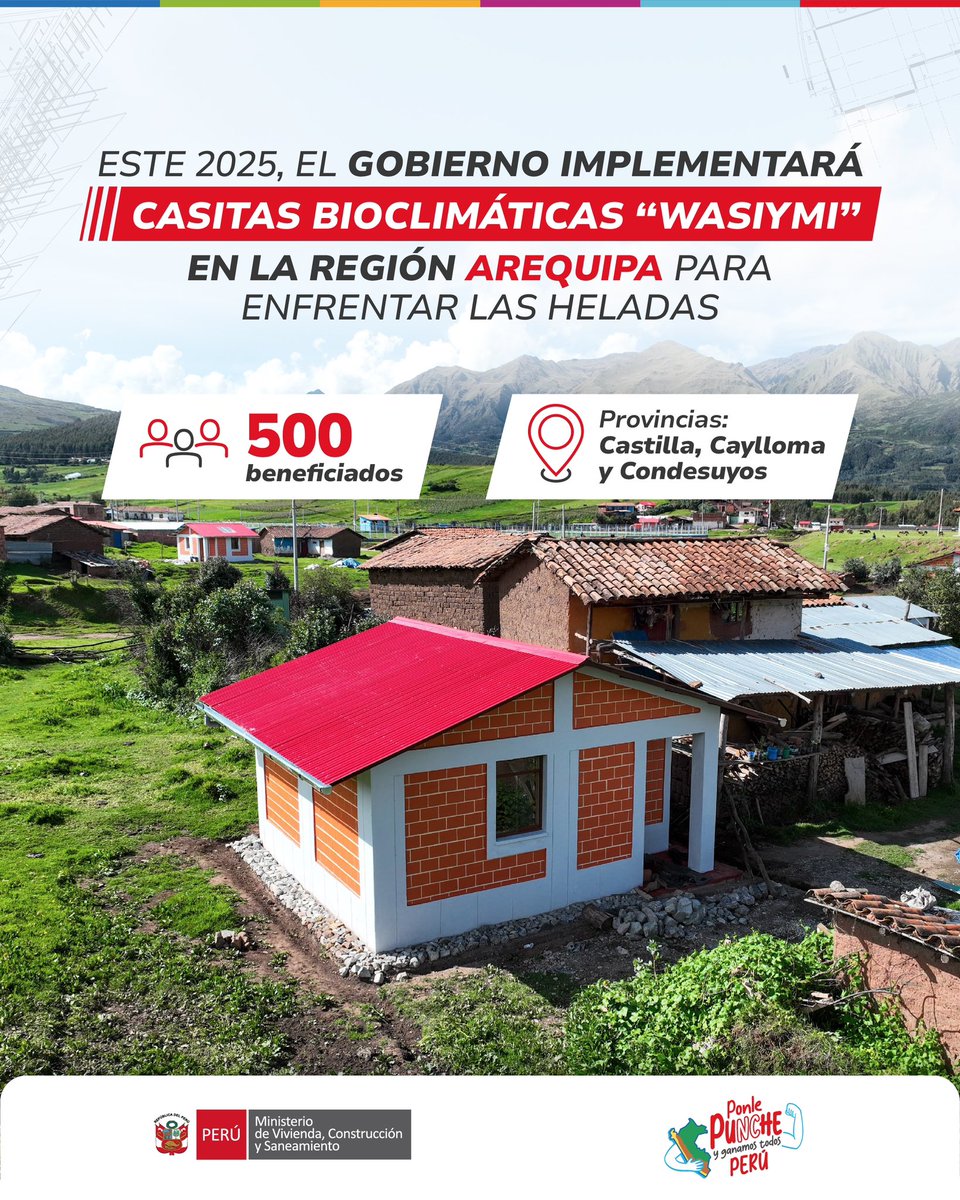 🏠¡Viviendas Wasiymi para más peruanos! 

📌El gobierno, a través del Ministerio de Vivienda, Construcción y Saneamiento (MVCS), construirá viviendas rurales “Wasiymi” para este año en la región Arequipa, como parte de su plan nacional para hacer frente a la temporada de heladas