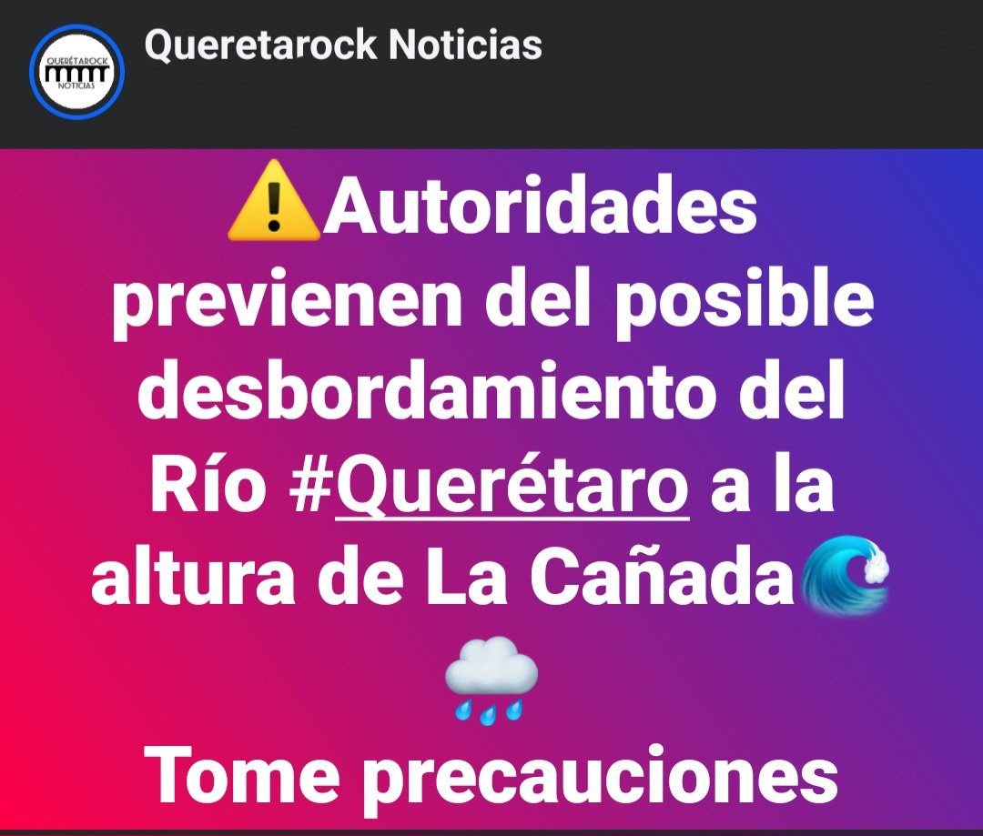 QueretarockNoti's tweet photo. ⚠️🌧🌊
Protección Civil informa:
Habitantes de La Cañada se les informa que el Río Querétaro presenta una creciente considerable debido a las lluvias registradas este fin de semana, que podría causar un riesgo a las zonas cercanas a su cauce

#QueretarockNoticias #Querétaro https://t.co/nFxtjXgNRJ