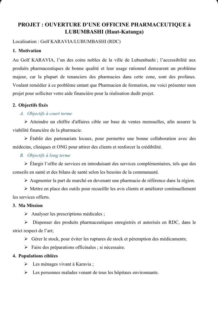 BenMutcin's tweet photo. @mbuyi_don Bonjour Cher Président @mbuyi_don, je viens par le présent vous présenter mon projet d'ouverture d'une officine pharmaceutique, sur la ville de Lubumbashi ; pour aider la population de KARAVIA.

NB: Rendement journalier estimé de 1 à 1,5 Millions de CDF/Jour. https://t.co/XjBFR7UGAR