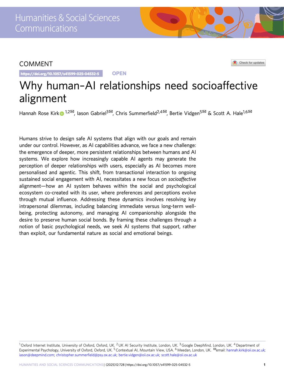 🚨 Have you heard of "socioaffetive alignment"? THIS is exactly the type of research that is missing in AI, especially in light of the dangers of AI anthropomorphism:

"We have argued that humans, as inherently social beings, have a tendency to form what they perceive as