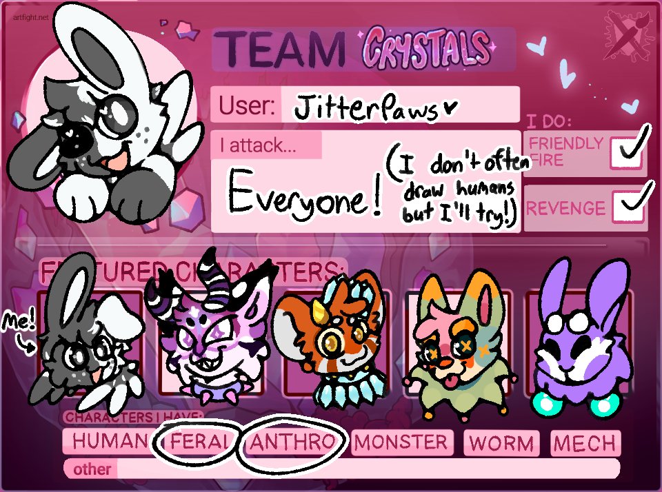 JitterPaws's tweet image. ARTFIGHT TIME!!
Representing team crystals!! 💎✨

I will be attacking everyone back this year!!

artfight.net/~JitterPaws