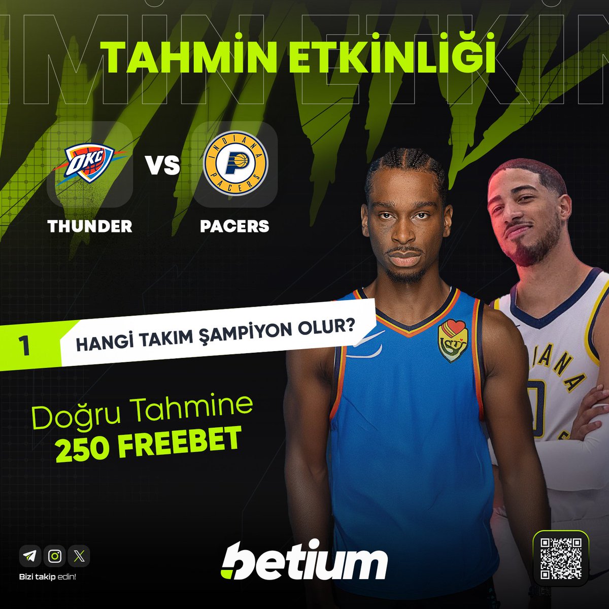 ⭐️ #BETİUM'DAN 250 FREEBET KAZANMA ŞANSI!

🏀 Oklahoma City Thunder 🆚  Indiana Pacers

🏀 Hangi takım NBA şampiyonu olur? 

🎁 Doğru cevabı veren üyelerimiz 250 FREEBET kazanıyor!

➡️ Etkinliğe katılmak için tıklayın: forms.gle/8h1NpX8B9KD1WM…