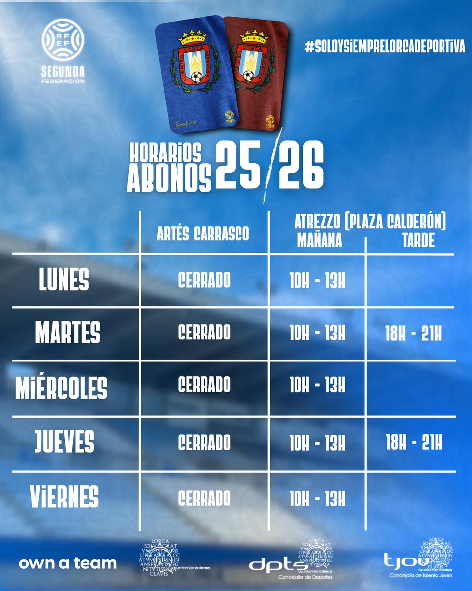 Lorca Deportiva (@lorcadeportiva) on Twitter photo โ๏ธ ๐๐๐๐ผ๐๐๐๐ y ๐๐๐๐ผ๐ para la venta de abonos en la semana del 23 al 27 de junio.
๐ ๐ผ๐๐๐๐๐๐ ๐๐๐ผ๐๐ผ ๐พ๐ผ๐๐ฟ๐๐๐๐
โ Tienda ๐พ๐๐๐๐ผ๐ฟ๐ผ
#HazteLeyenda
#SoloySiempreLorcaDeportiva โ๏ธ ๐๐๐๐ผ๐๐๐๐ y ๐๐๐๐ผ๐ para la venta de abonos en la semana del 23 al 27 de junio.
๐ ๐ผ๐๐๐๐๐๐ ๐๐๐ผ๐๐ผ ๐พ๐ผ๐๐ฟ๐๐๐๐
โ Tienda ๐พ๐๐๐๐ผ๐ฟ๐ผ
#HazteLeyenda
#SoloySiempreLorcaDeportiva