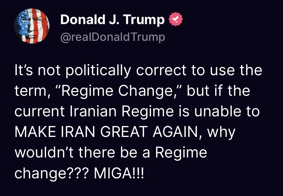 President Trump talks regime change for Iran in a new post.