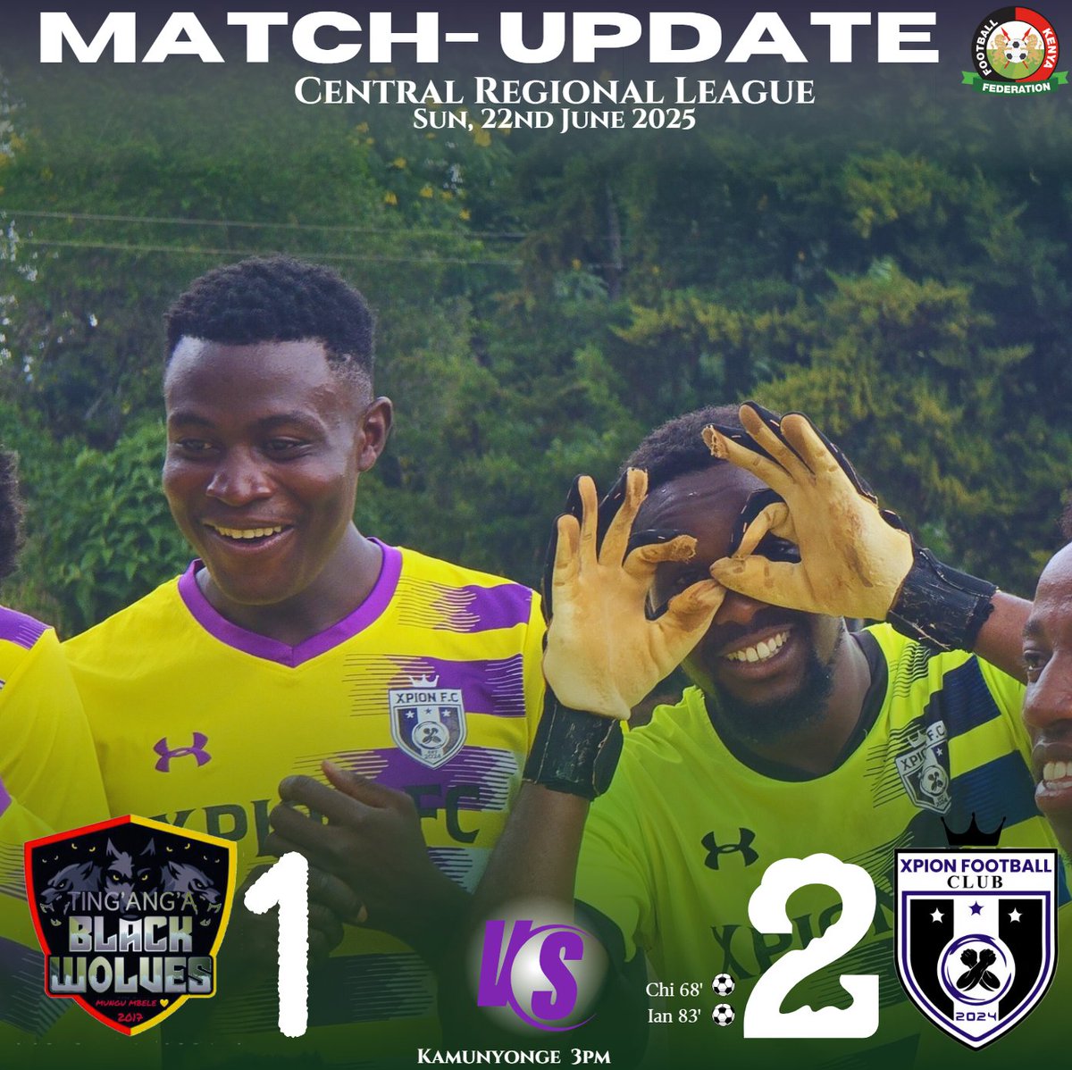 xpionfc's tweet photo. 🔥⚽️FULL-TIME RESULTS⚽️🔥
FKF Central Region League
Sunday, 22nd June, 2025
Ting'ang'a Wolves 1️⃣ 🆚 Xpion Football Club 2️⃣
#thankyouforyoursupport
#xpionfc
#wakandaforever
#forever
#forevergrateful https://t.co/OZrMH5nm3B