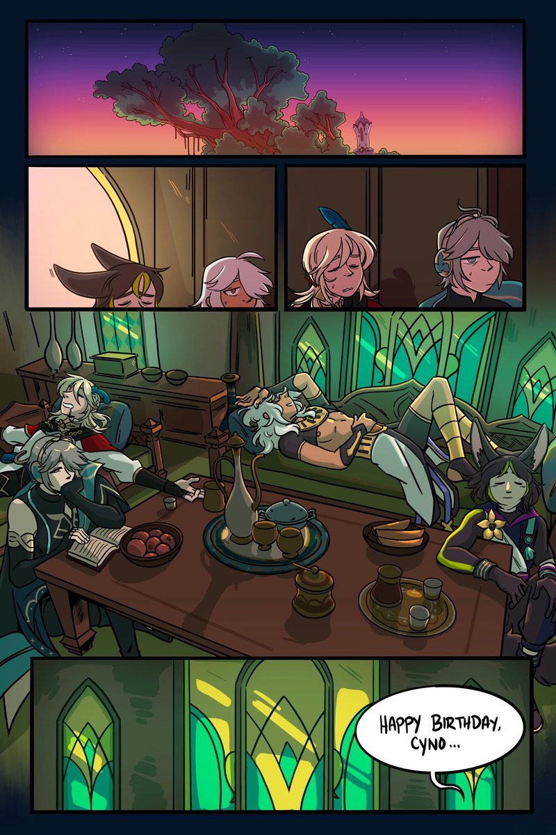 bo_beanies's tweet photo. The sumeru boys take cyno out for a night on the town! Happy birthday! 

Genshin impact 🌱 #haikaveh #cynonari https://t.co/ogCBTEAVWr