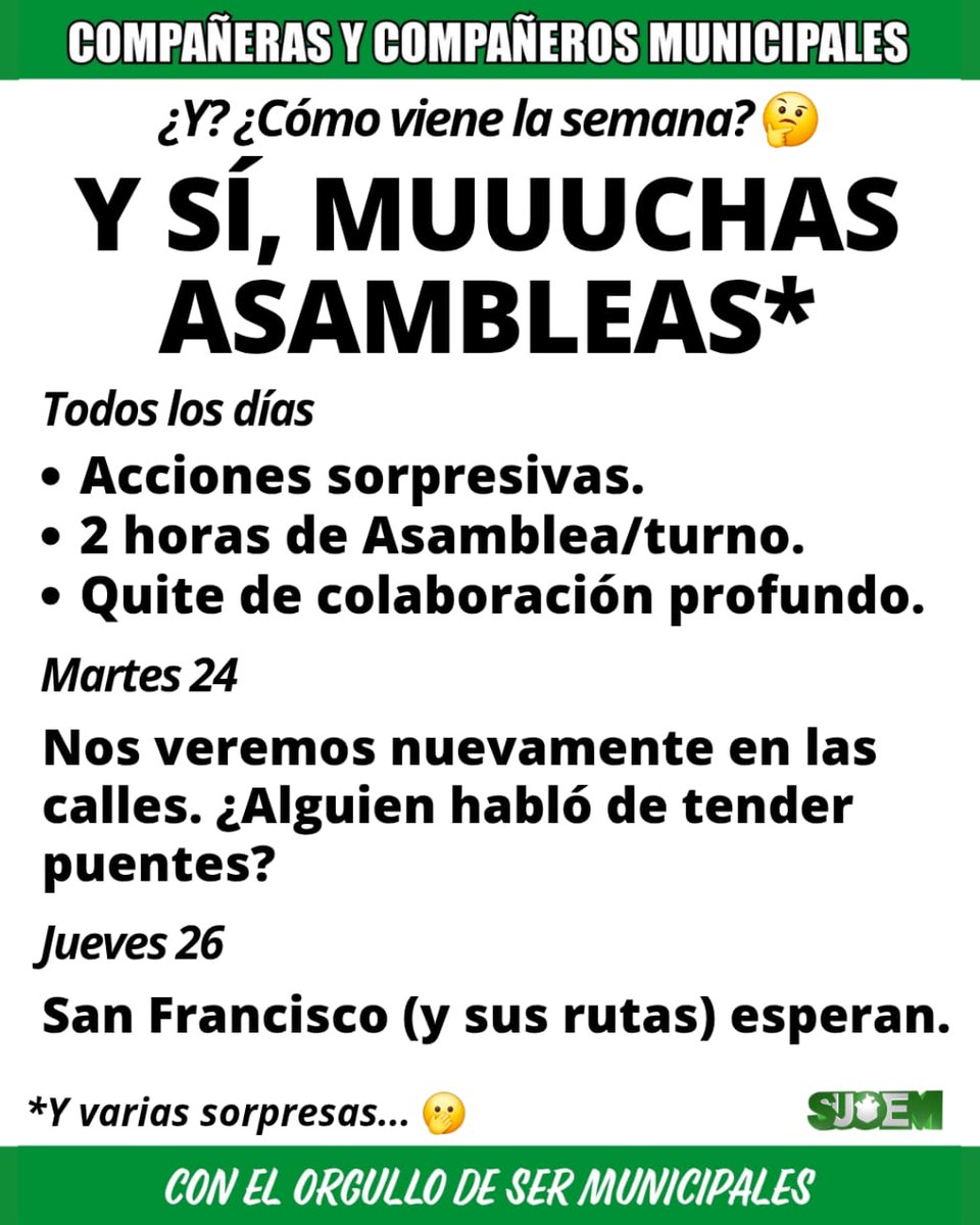 📢 ¿Y? ¿Cómo viene la semana? 🤔

Y SÍ, MUUUCHAS ASAMBLEAS*

👉 Todos los días:

Acciones sorpresivas.

2 horas de Asamblea/turno.

Quite de colaboración profundo.

⬇️