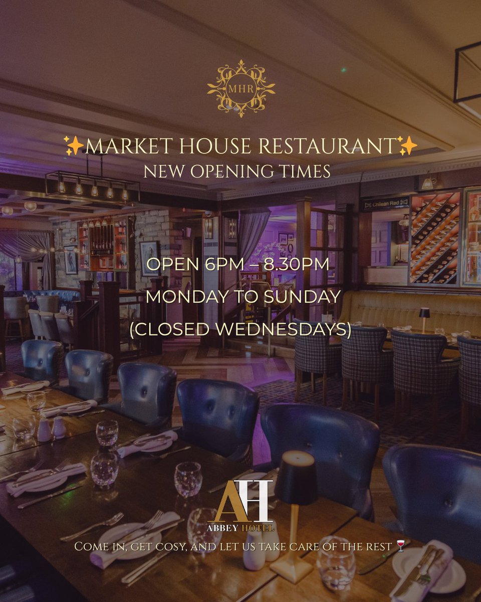 AbbeyDonegal's tweet image. Exciting news! 🎉 We&apos;re now open Mon-Sun, 6pm-8:30pm (Closed Wed). Enjoy delicious meals crafted by our chefs! 👨‍🍳✨ Book now: +353 (0)74 972 1014 or info@abbeyhoteldonegal.com. Can’t wait to serve you! 💛 #MarketHouseRestaurant #AbbeyHotelDonegal #BookYourTable