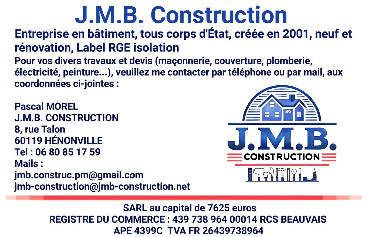 JMB_Construc's tweet photo. 📬 Les cartes de visite J.M.B. CONSTRUCTION sont arrivées hier !
Un petit format, mais beaucoup d’engagement derrière : maçonnerie, couverture, plomberie, électricité, peinture, isolation… en tant qu'entreprise en bâtiment tous corps d'État nous accompagnons vos projets depuis https://t.co/gagzVQGdRL