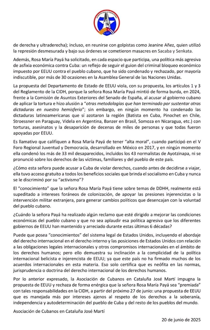 La Asociación de Cubanos en Cataluña "José Martí" realiza comunicado de impugnación de la propuesta realizada por #EEUU sobre la candidatura de Rosa María Payá Acevedo a integrar la CIDH