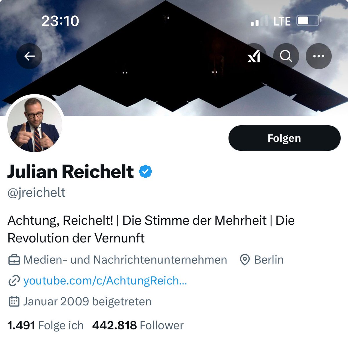 Markus Haintz (@haintz_medialaw) on Twitter photo Falls sich schon mal jemand gefragt hat, welchem Beruf <a href="/jreichelt/">Julian Reichelt</a> nachgeht, Journalist ist es nicht. (Das ist ein US-B2-Bomber). Falls sich schon mal jemand gefragt hat, welchem Beruf <a href="/jreichelt/">Julian Reichelt</a> nachgeht, Journalist ist es nicht. (Das ist ein US-B2-Bomber).