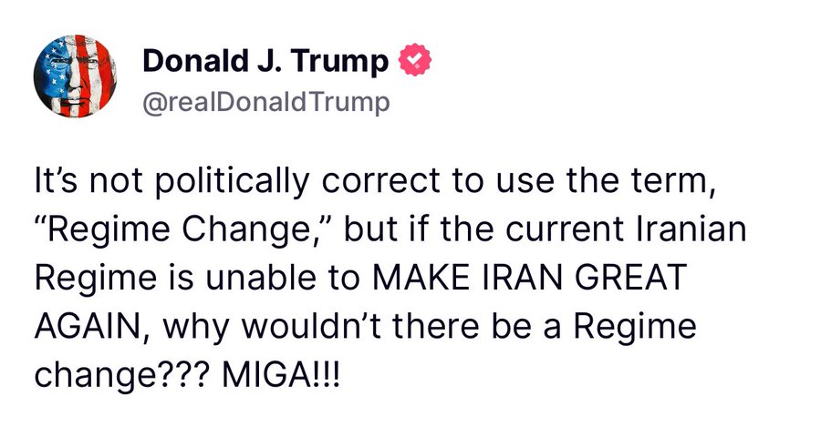Brent Scher (@brentscher) on Twitter photo Man, is Trump good at pushing the buttons of his critics. 
Important to note here, Trump isn't calling for U.S.-driven regime change. Obviously he and everyone else with a functioning brain wants the evil Iranian regime to fall and change. This is not a game-changing statement. Man, is Trump good at pushing the buttons of his critics. 
Important to note here, Trump isn't calling for U.S.-driven regime change. Obviously he and everyone else with a functioning brain wants the evil Iranian regime to fall and change. This is not a game-changing statement.